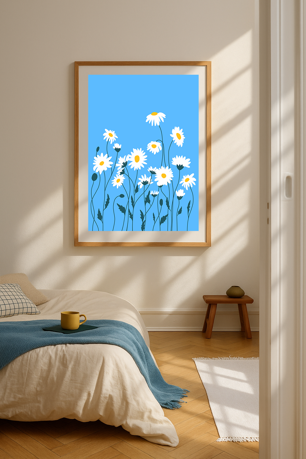 “Daisies” Morning Blue — Minimalist Floral Art Print