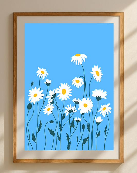 “Daisies” Morning Blue — Minimalist Floral Art Print