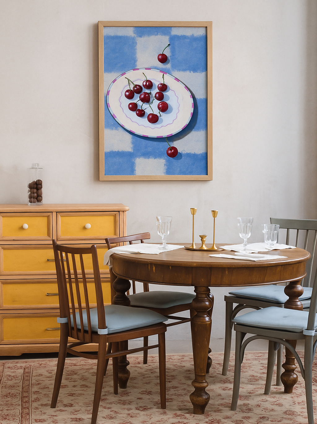 “Cherries & Checks” — Modern Still Life Art Print