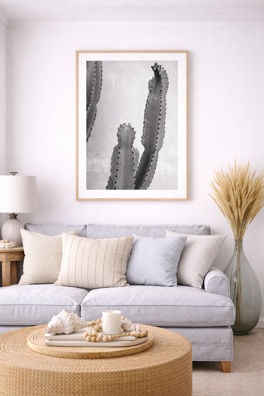 “Desert Calm” Black & White Cactus Wall Art